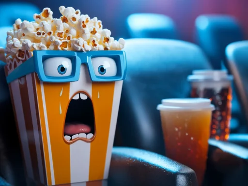 A quirky animated popcorn box with glasses, displaying a shocked expression while sitting in a cinema seat, surrounded by drinks, representing reactions to notebooklm in filmmaking.