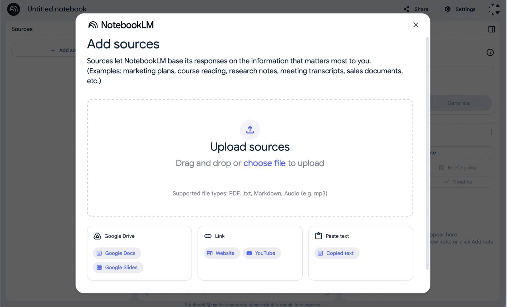 Notebooklm Faq Screenshot showing the pop-up panel within which sources can be added to create a notebook within notebooklm