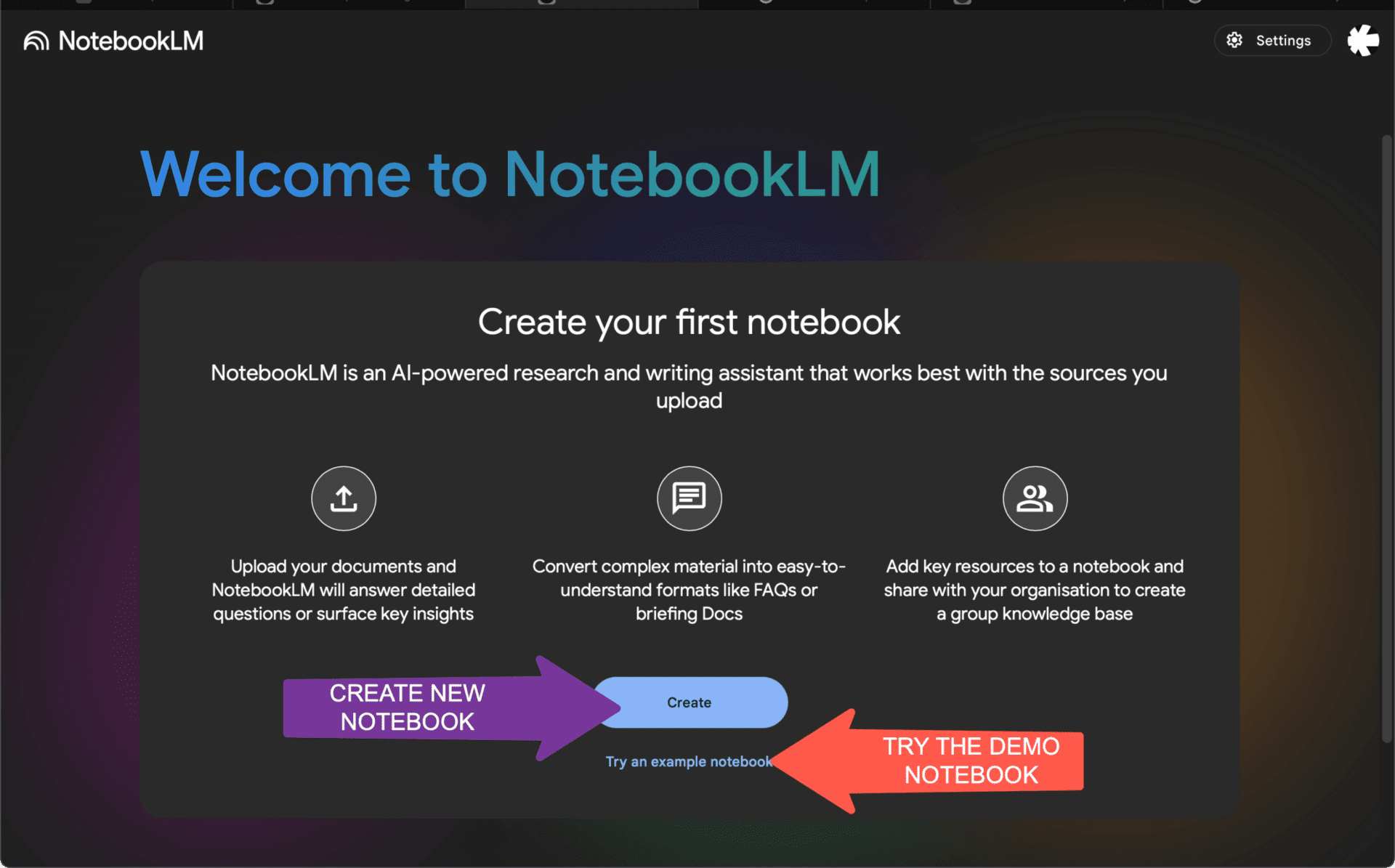 Notebooklm Faq Screenshot showing how to create the first notebook or the demo notebook on notebooklm