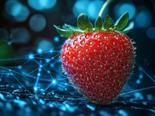 Strawberry with digital network overlay, symbolising the collaboration of ai tools like notebooklm in content creation.