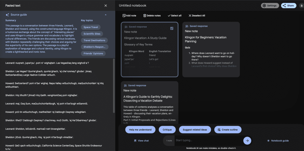 Screenshot showing notebooklm screen with the input in klingon and its summary in english and faq, study guide, and table of content.