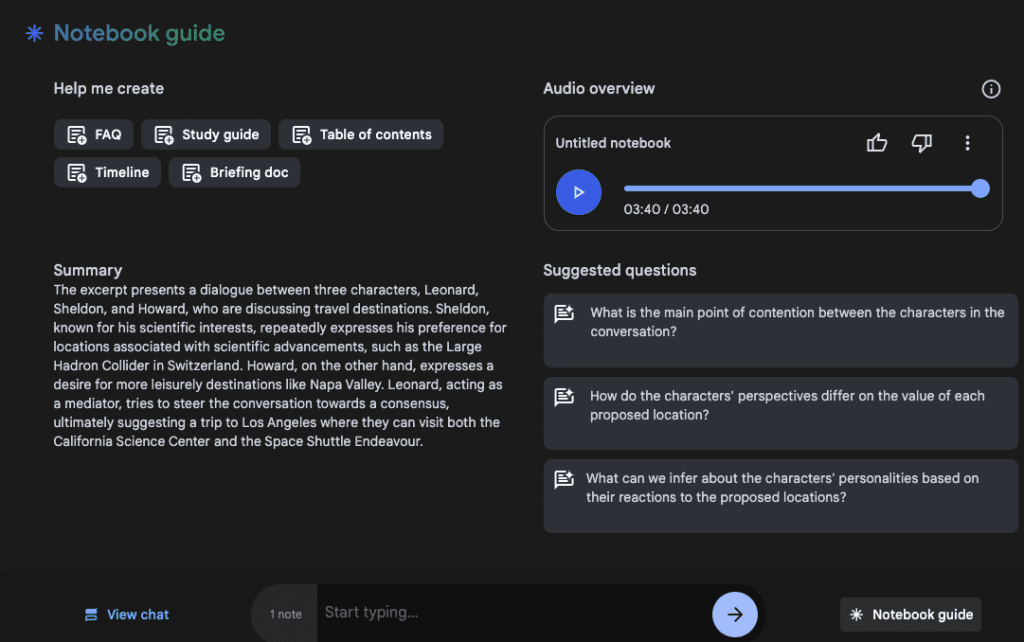 Screenshot showing the english summary of the klingon input and the notebooklm podcast.