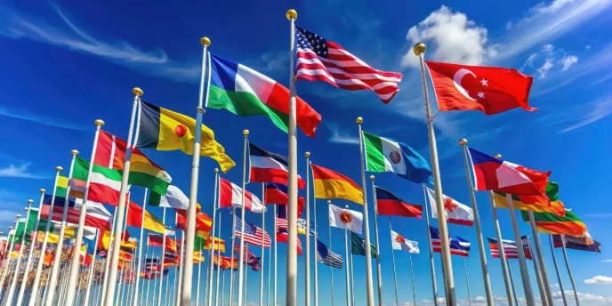 Flags of various nations, symbolizing the global availability of notebooklm, wave on tall poles against a bright blue sky with light clouds.