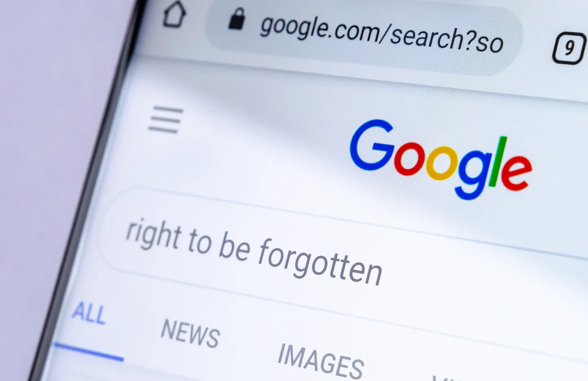 A google search page on a smartphone displaying the phrase "right to be forgotten," representing gdpr’s broader emphasis on the right to privacy.