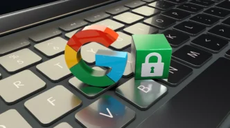 Google logo next to a green padlock on a laptop keyboard, representing notebooklm and google privacy policies.