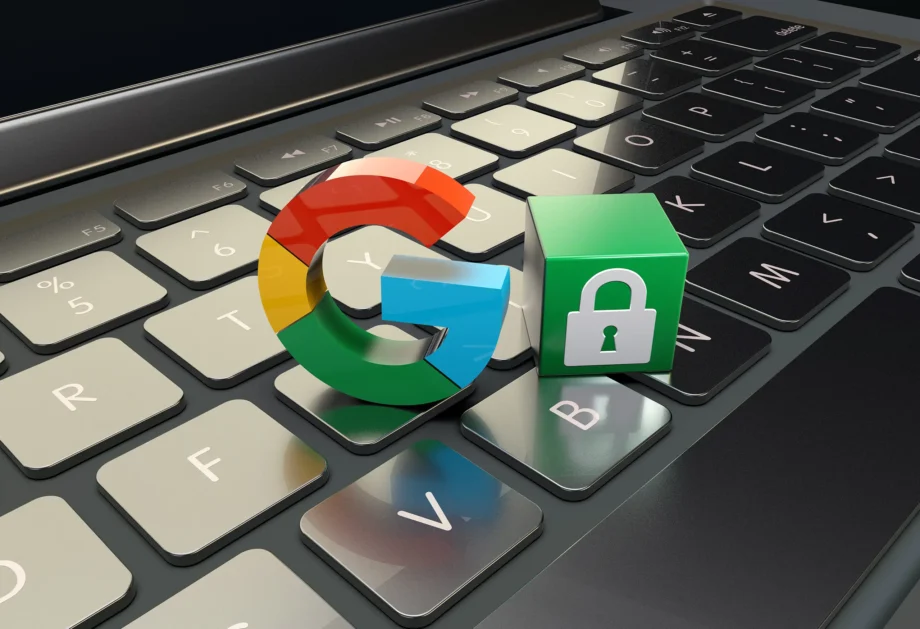 Google logo next to a green padlock on a laptop keyboard, representing notebooklm and google privacy policies.