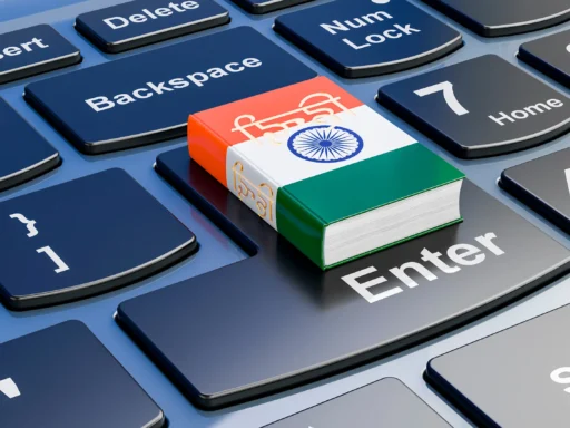 A book designed as the indian flag, symbolising the hindi language, placed on a computer keyboard. Represents notebooklm hindi's role in empowering hindi speakers in india.