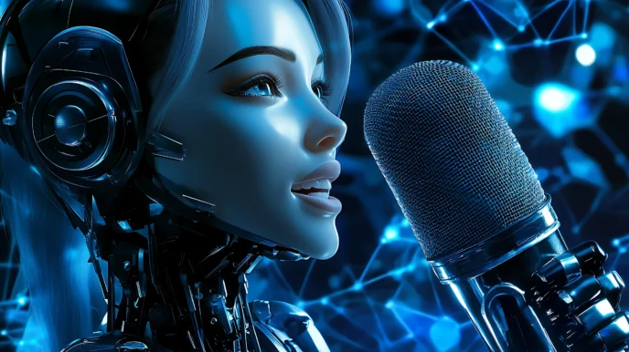 A futuristic ai robot with human-like features speaking into a microphone, symbolising notebooklm's podcast capabilities and limitations.