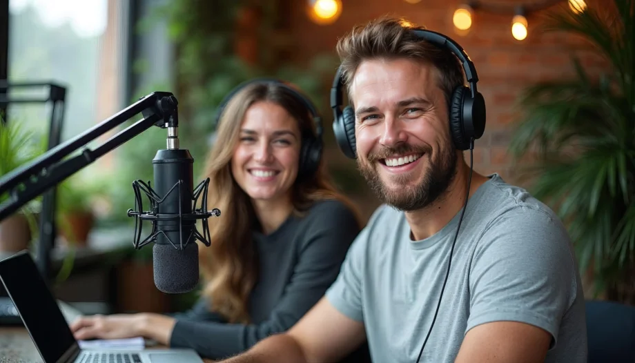 Ai-generated image representing notebooklm podcast hosts adrian and eleanor, seated at a studio table with microphones and headphones, smiling.