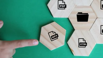 Hexagonal tiles with icons for mp4, pdf, and html formats, representing notebooklm source types