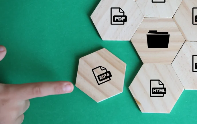 Hexagonal tiles with icons for mp4, pdf, and html formats, representing notebooklm source types