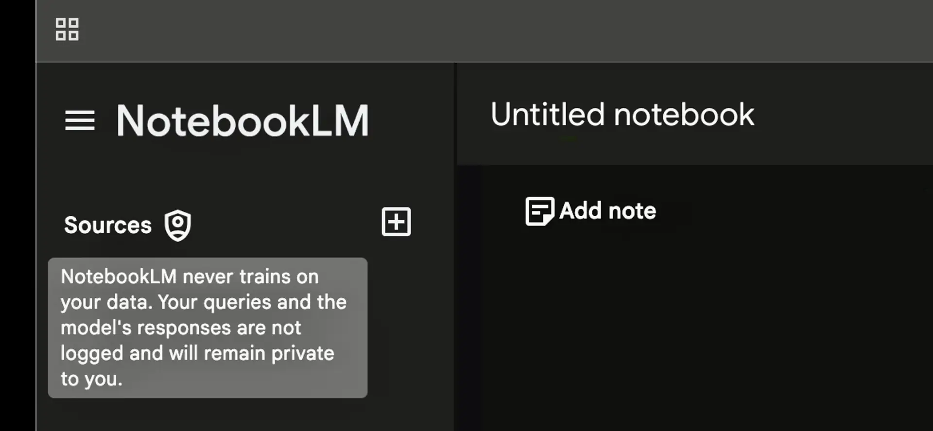 Screenshot of notebooklm privacy tooltip explaining that user data is not used for training.