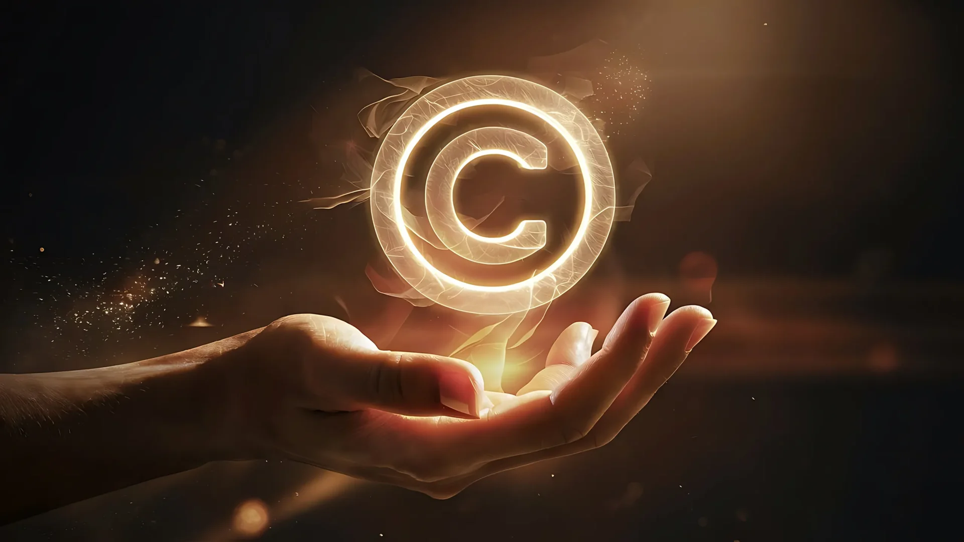 A glowing copyright symbol floating above an open hand, symbolising copyright and privacy rights in germany with regard to notebooklm.