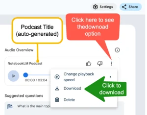 Notebooklm Podcast Faq Image showing the relative position of download button within the podcast panel in notebooklm.
