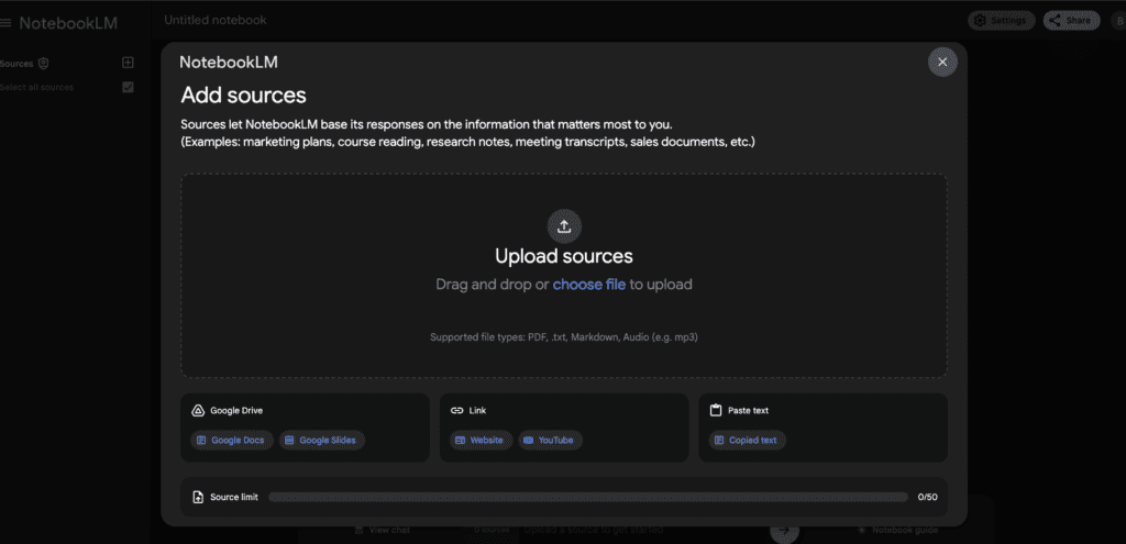 First step to create a notebook and a podcast: upload sources - in this case, a web link.