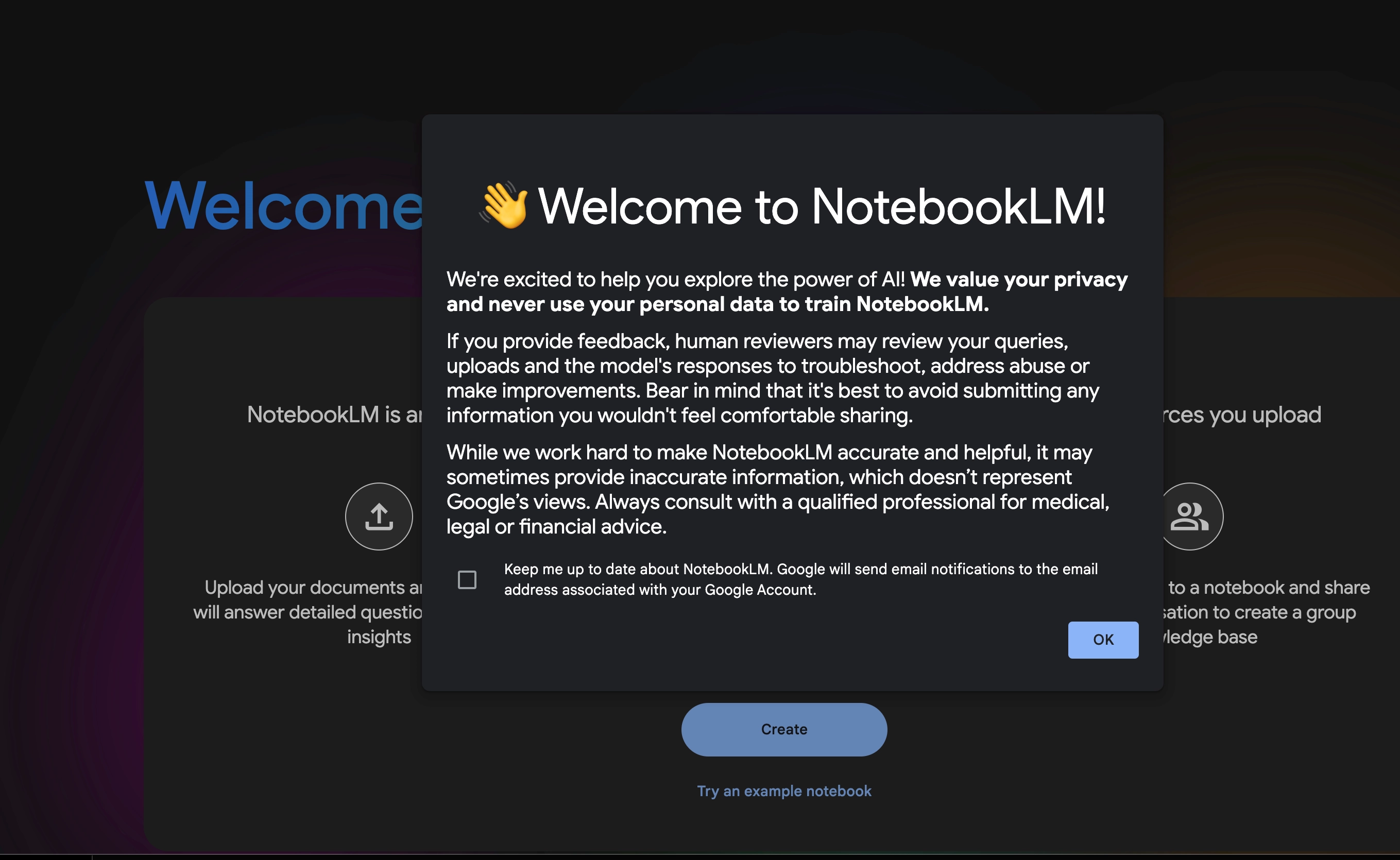 Understanding The Notebooklm Privacy Update Screenshot of the welcome message on notebooklm about policy update