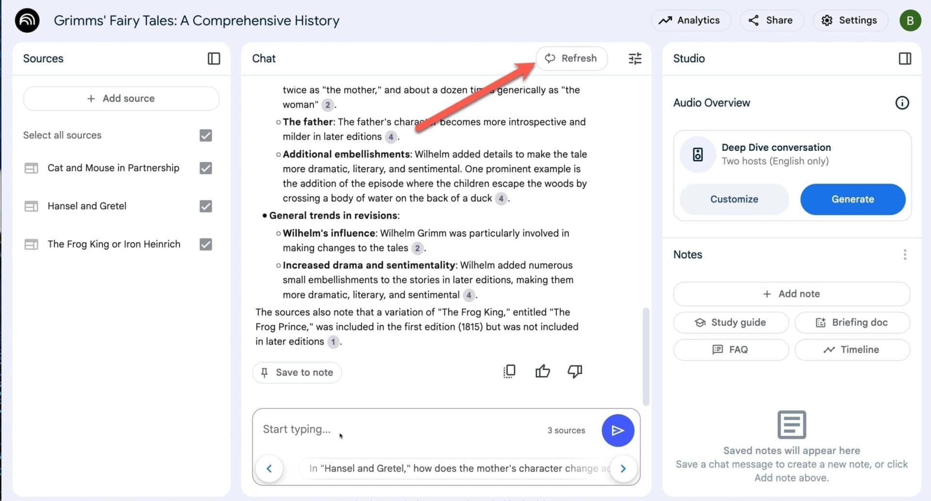 Managing Source Syncing Limitations In Notebooklm Screenshot showing the position of the refresh button in a notebook. The button will be visible only when there is an active source and and a chat response. This button does not refresh sources.