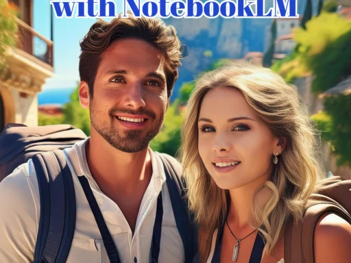 A smiling couple of travellers wearing backpacks, capturing their journey as voice notes for content creation.