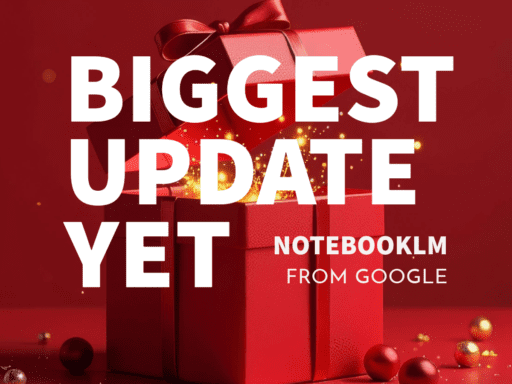 A red gift box with glowing light emerging from inside, symbolising the exciting new features of notebooklm's biggest update yet, surrounded by festive decorations