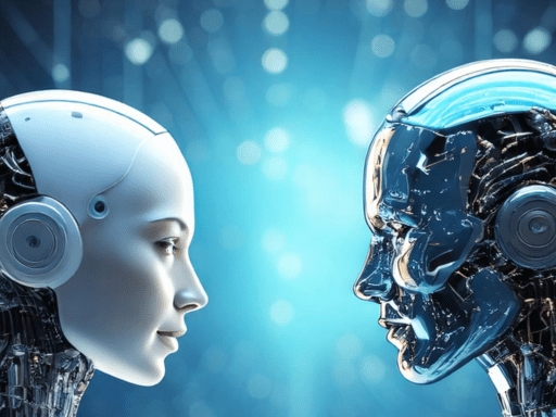 Two humanoid ai figures facing each other, representing the evolution of ai communication and collaboration, set against a glowing futuristic background