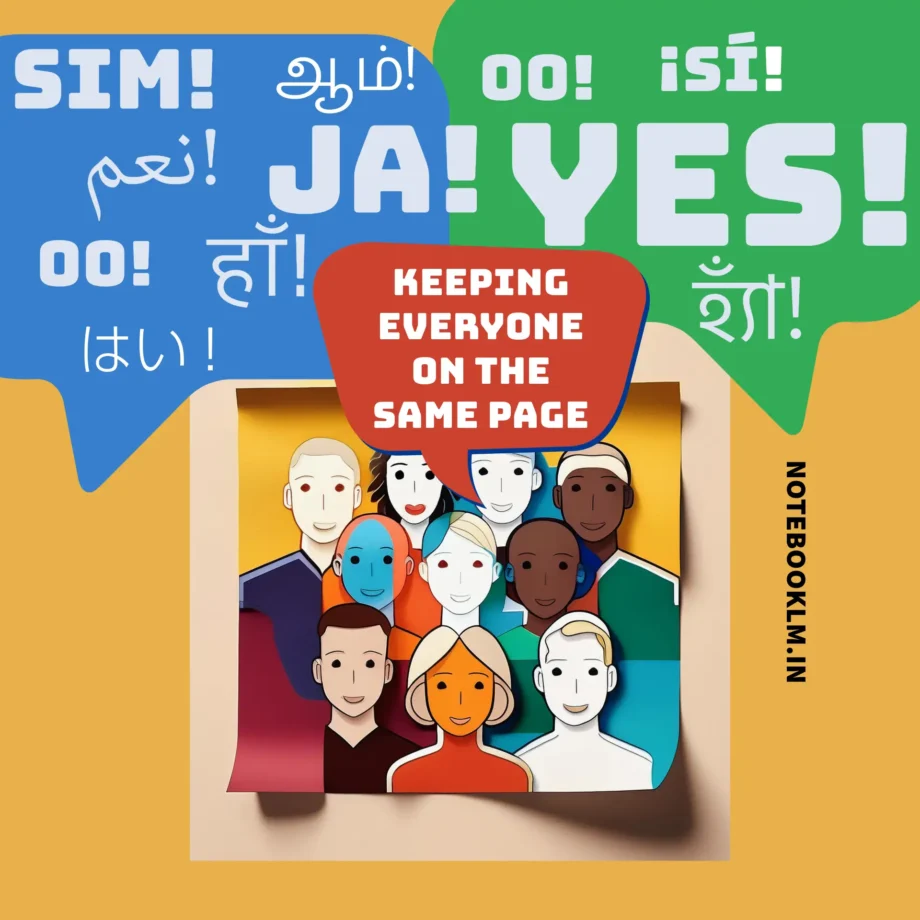 An illustration with diverse characters and speech bubbles displaying the word 'yes! ' in multiple languages, emphasizing global inclusivity and connection, with the tagline 'keeping everyone on the same page' and a reference to notebooklm. In