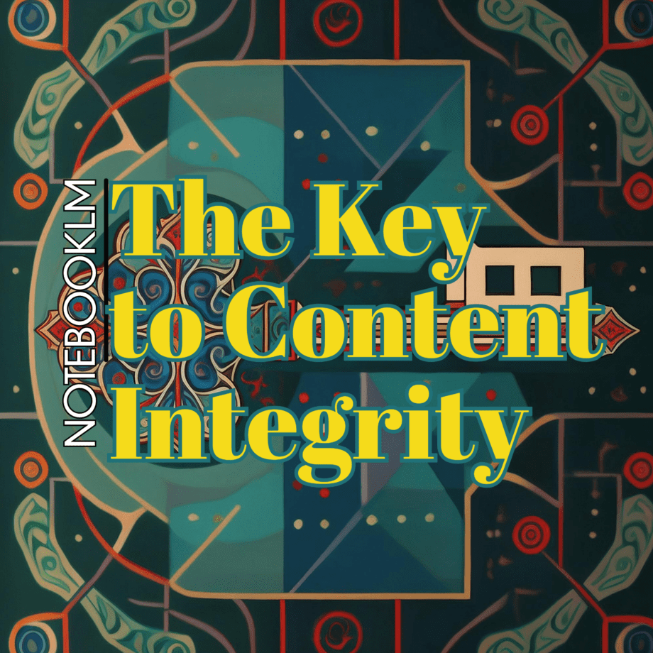 Notebooklm: the key to content integrity represented with an ornate swiss key and bold typography overlay