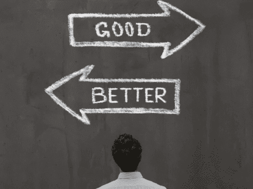 Person choosing between two arrows labeled 'good' and 'better,' representing the decision between notebooklm free and notebooklm plus.