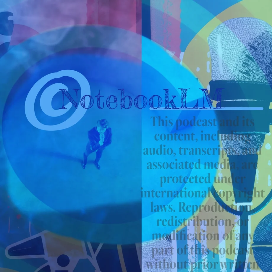 Conceptual image showing a copyright symbol, a person in a spotlight, and a microphone, highlighting copyright protection for ai-generated podcasts.