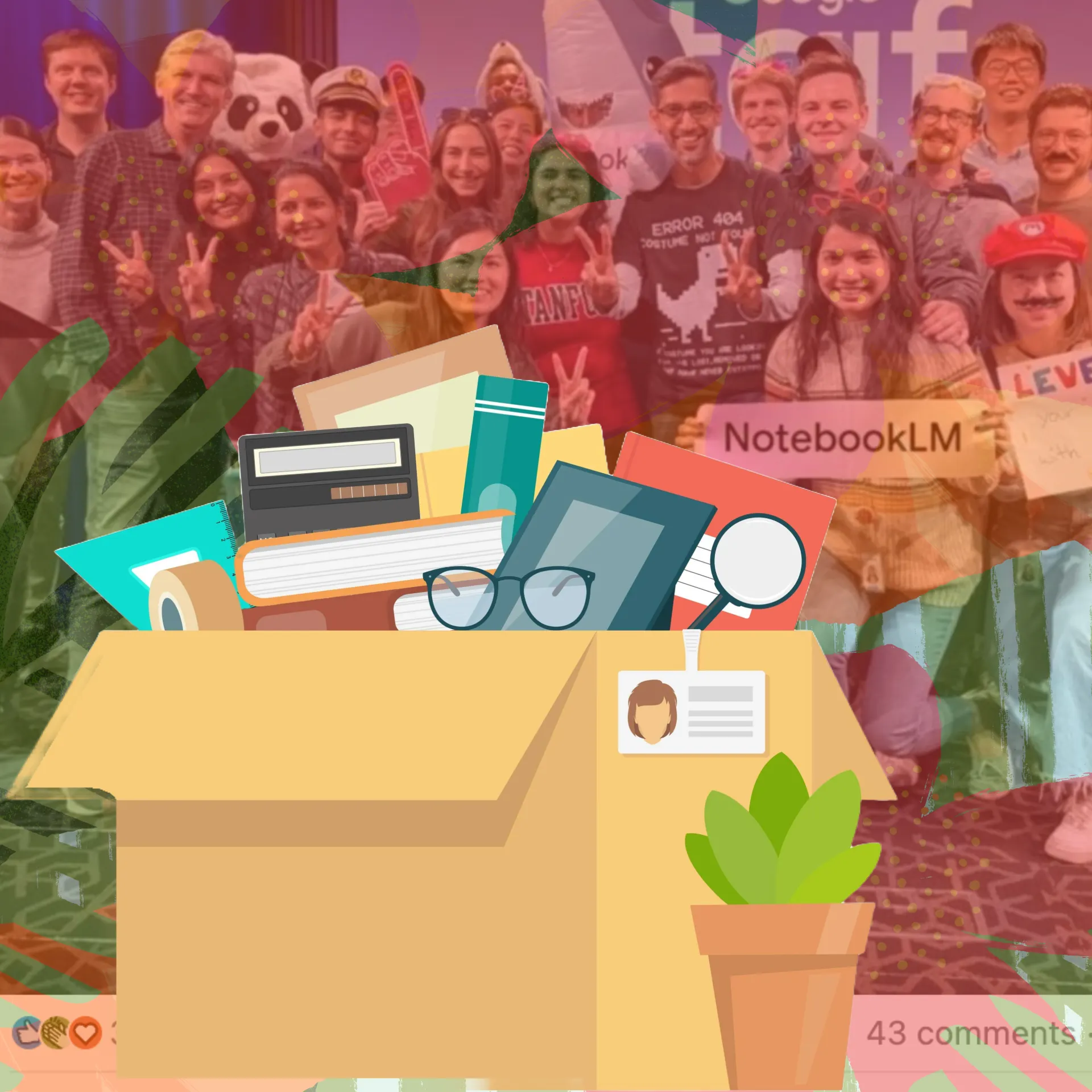 A collage featuring the notebooklm team smiling together in a group photo, overlaid with an illustration of a cardboard box containing books, gadgets, and personal items, symbolising a departure.