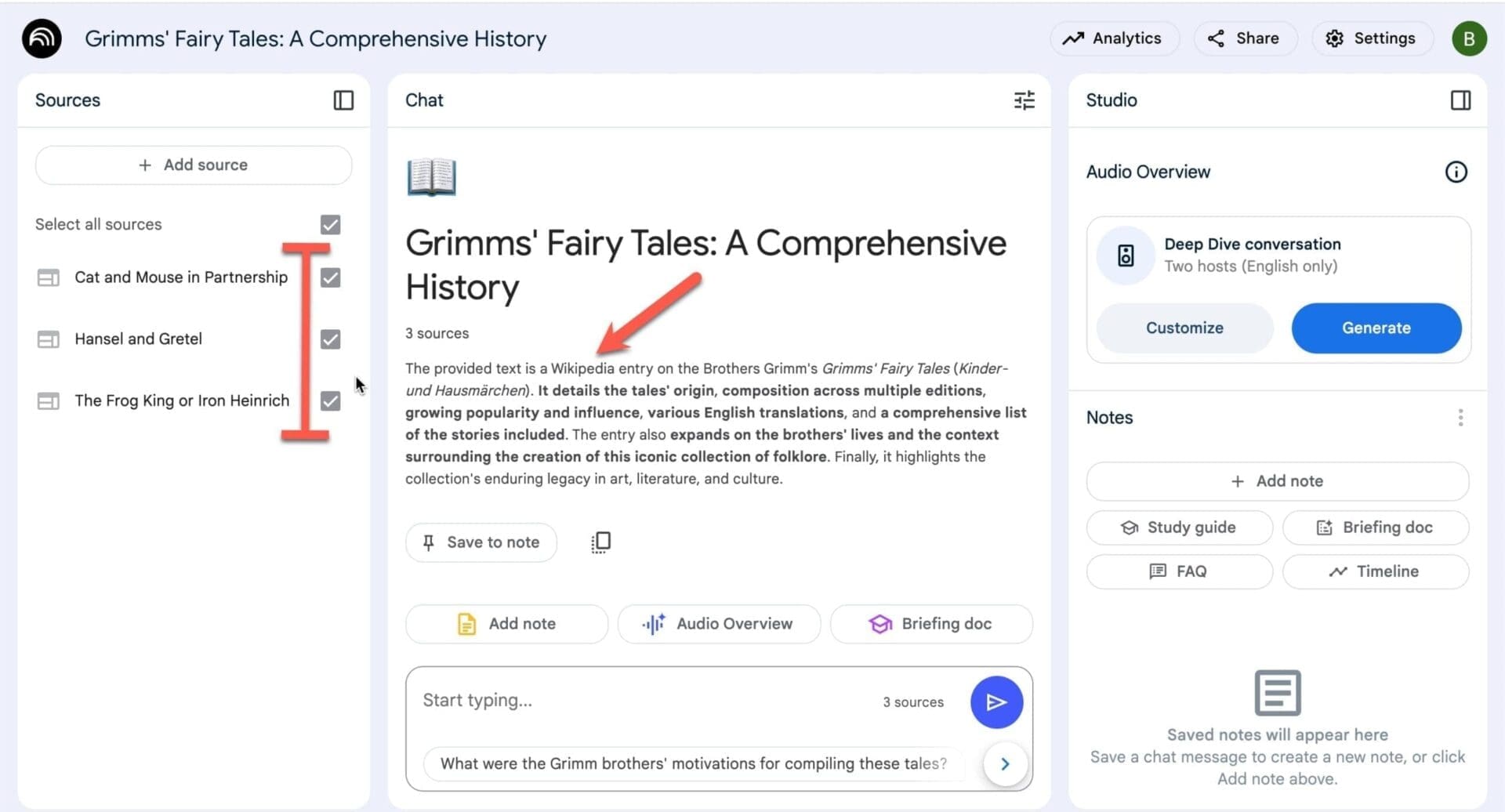 Managing Source Syncing Limitations In Notebooklm Screenshot showing the summary and auto-generated notebook title that were influenced by a wikipedia article that was since removed. There is no reference to the current sources.