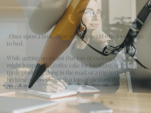 A creative collage of a writer's workspace featuring a pencil, a notepad, and a reflective overlay of a woman deep in thought, symbolising the process of crafting stories with notebooklm