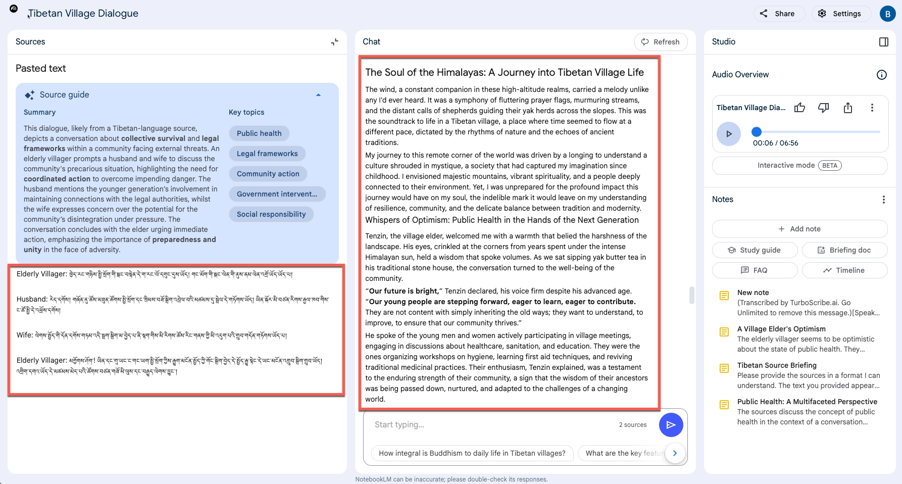 How To Create Professional Journalistic Articles With Notebooklm Screenshot showing the original tibetan text as the source and the final output, a journalistic article generated by notebooklm.